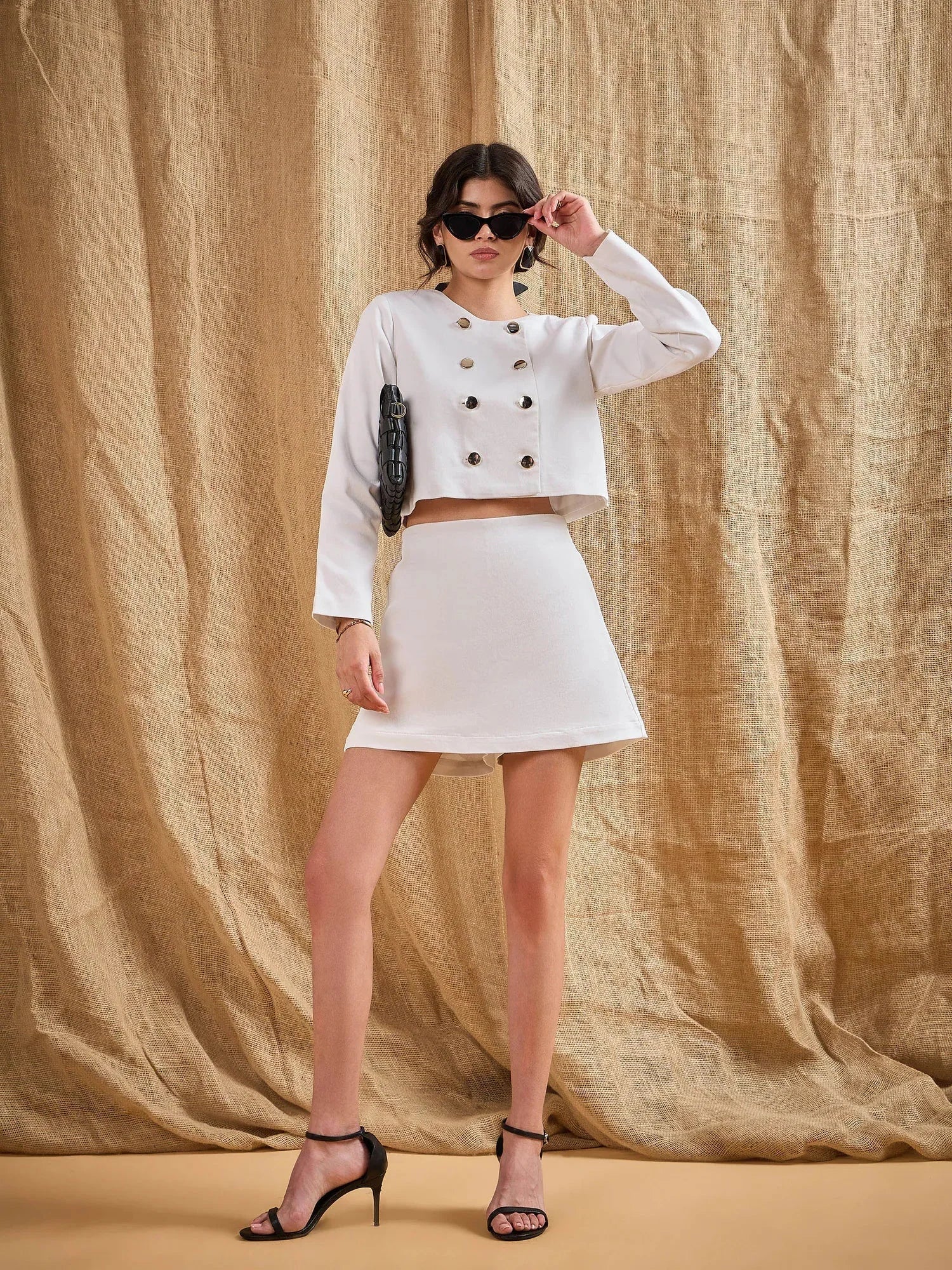 Wholesale Women White Twiill Double Breasted Crop Blazer With Skort