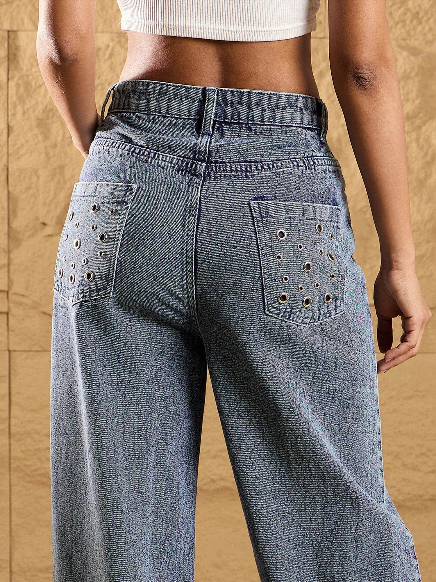 Wholesale Women Blue Wash Denim Eyelet Jacket With Straight Fit Jeans