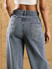 Women Blue Wash Denim Eyelet Jacket With Straight Fit Jeans-SFJCKT6928_SFJEAN0573