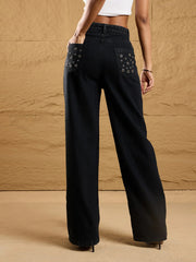 Women Black Wash Denim Eyelet Jacket With Straight Fit Jeans-SFJCKT6929_SFJEAN0574