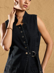 Women Black Wash Denim Eyelet Jacket With Straight Fit Jeans-SFJCKT6929_SFJEAN0574