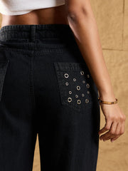 Women Black Wash Denim Eyelet Jacket With Straight Fit Jeans-SFJCKT6929_SFJEAN0574