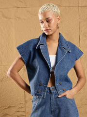 Women Blue Denim Washed Gilet With Straight Fit Jeans-SFJCKT6930_SFJEAN0577