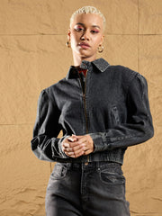 Women Black Washed Zipper Biker Crop Jacket-SFJCKT6932