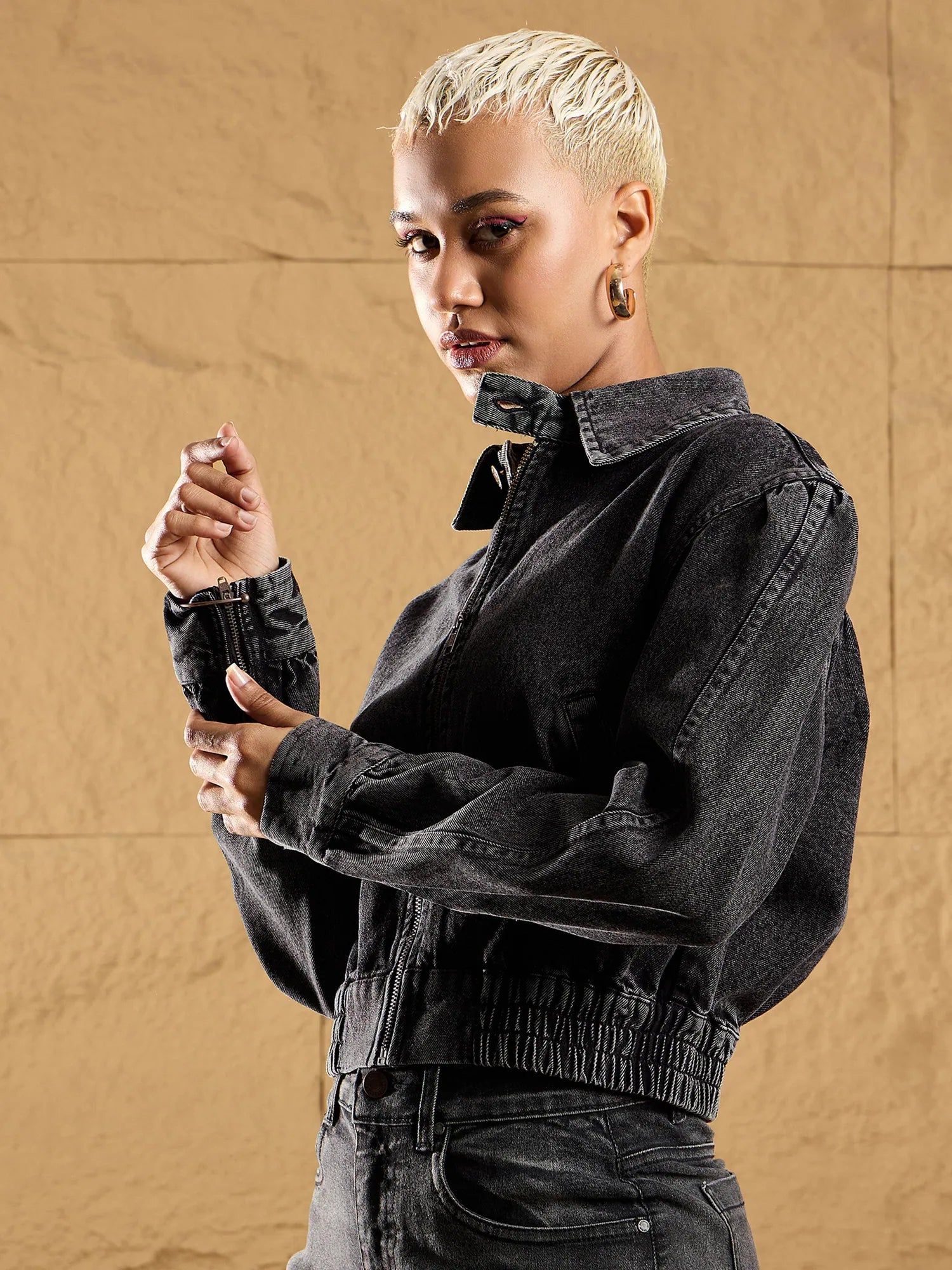 Black Washed Denim Biker Jacket | Trendy Jackets for Women