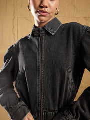 Women Black Washed Zipper Biker Crop Jacket-SFJCKT6932