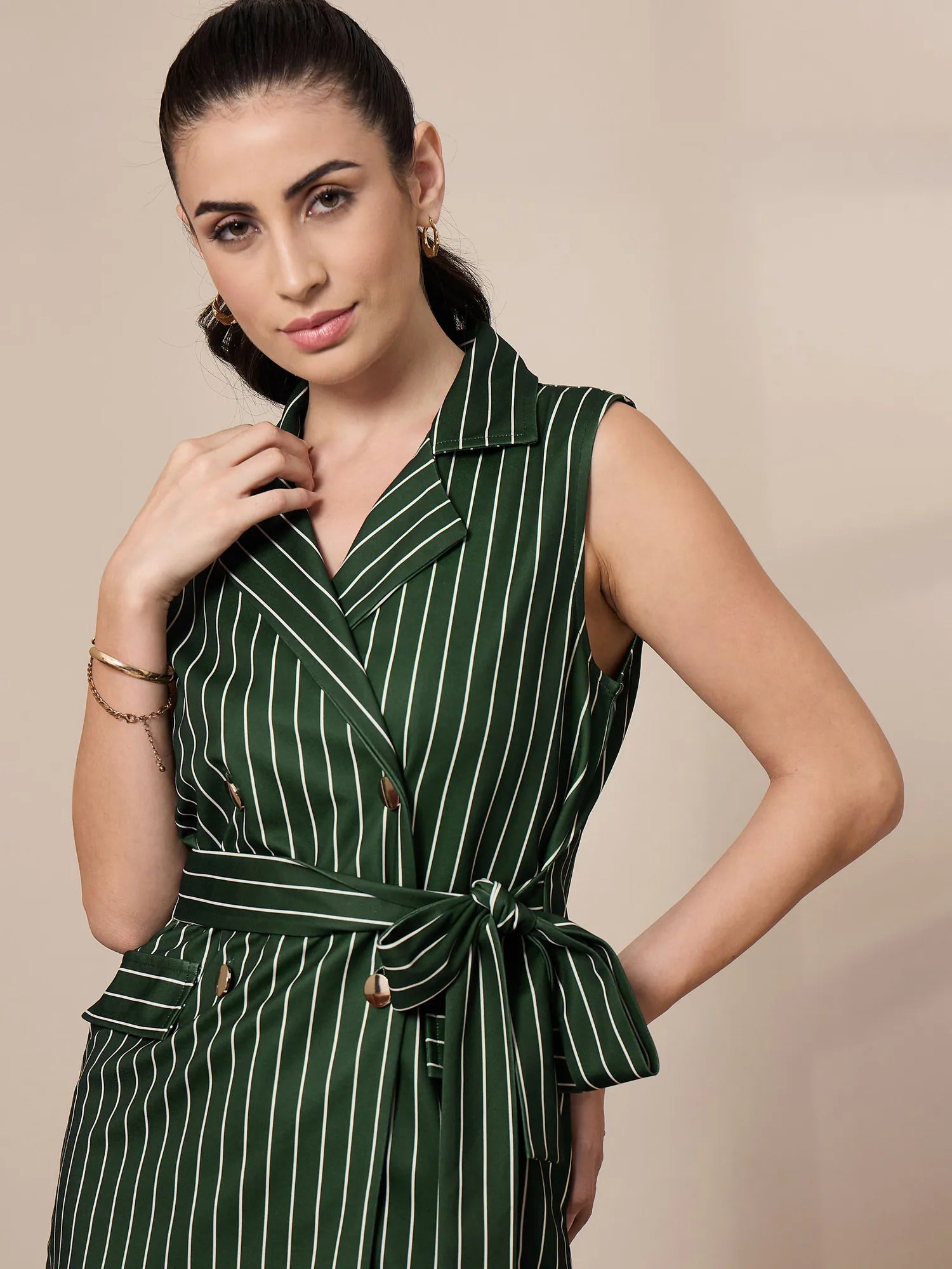 Green Striped Sleeveless Blazer | Women's Western Wear