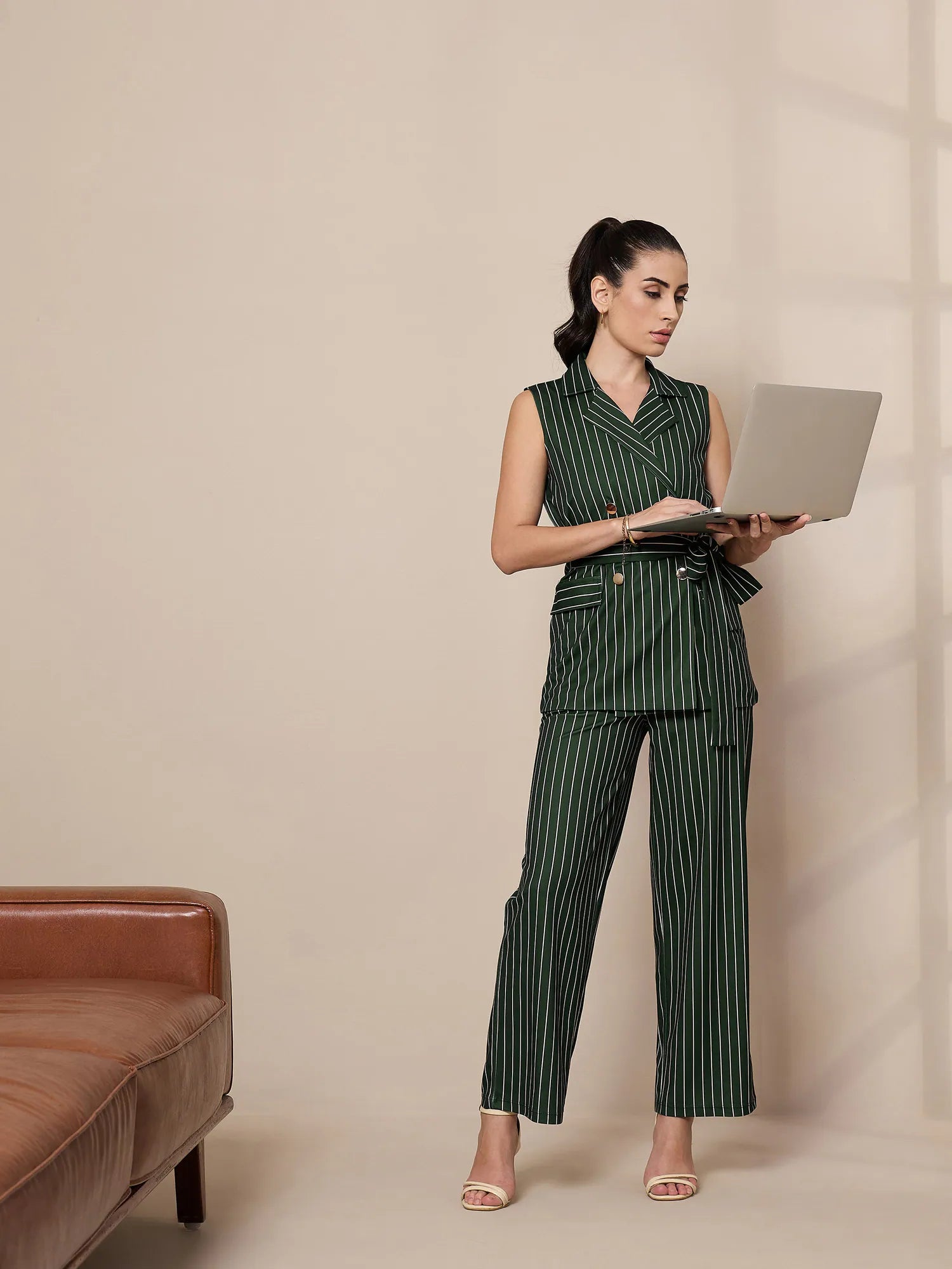 Green Striped Sleeveless Blazer & Pants Co Ord Set for Women