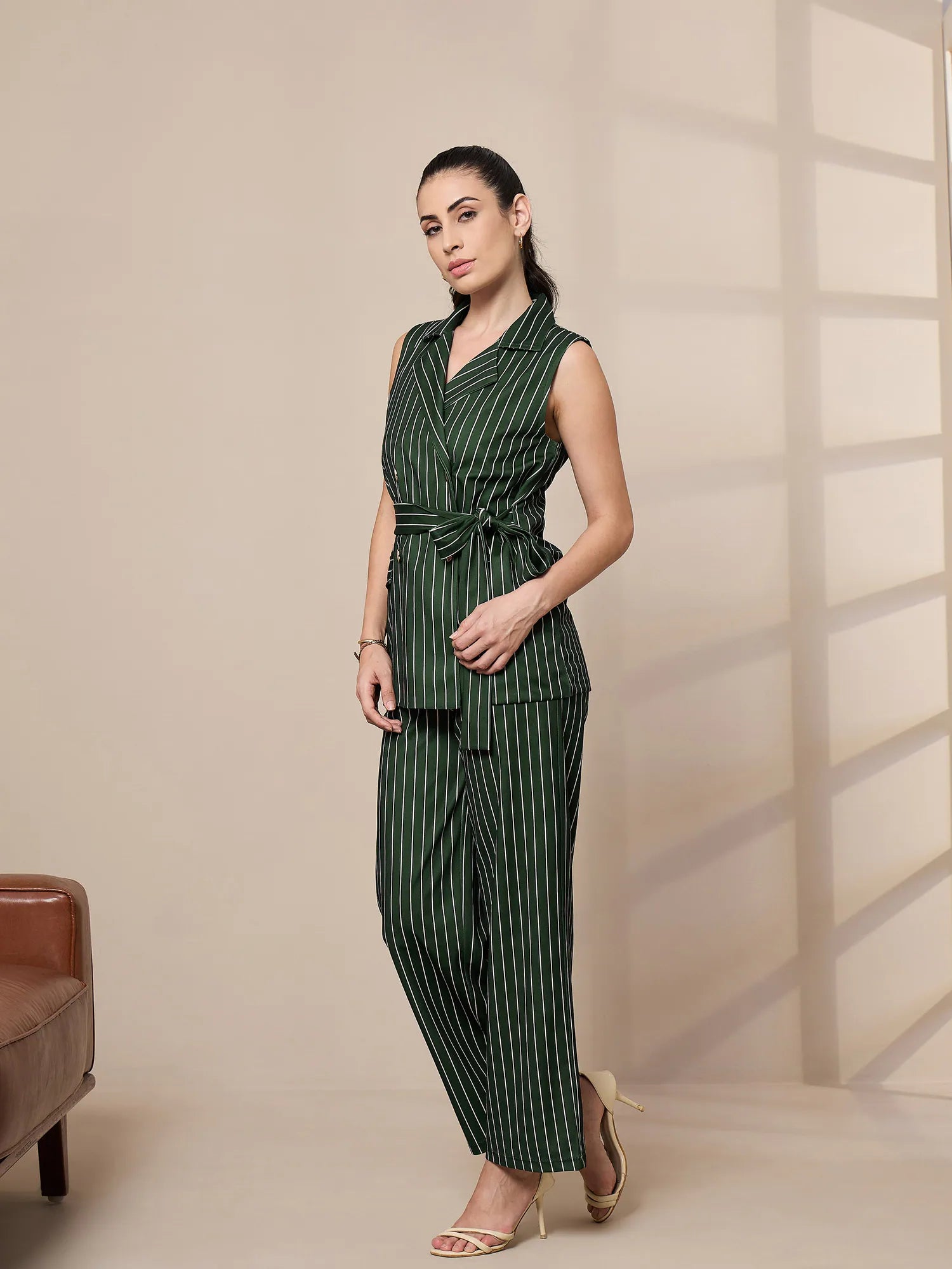 Green Striped Sleeveless Blazer & Pants Co Ord Set for Women
