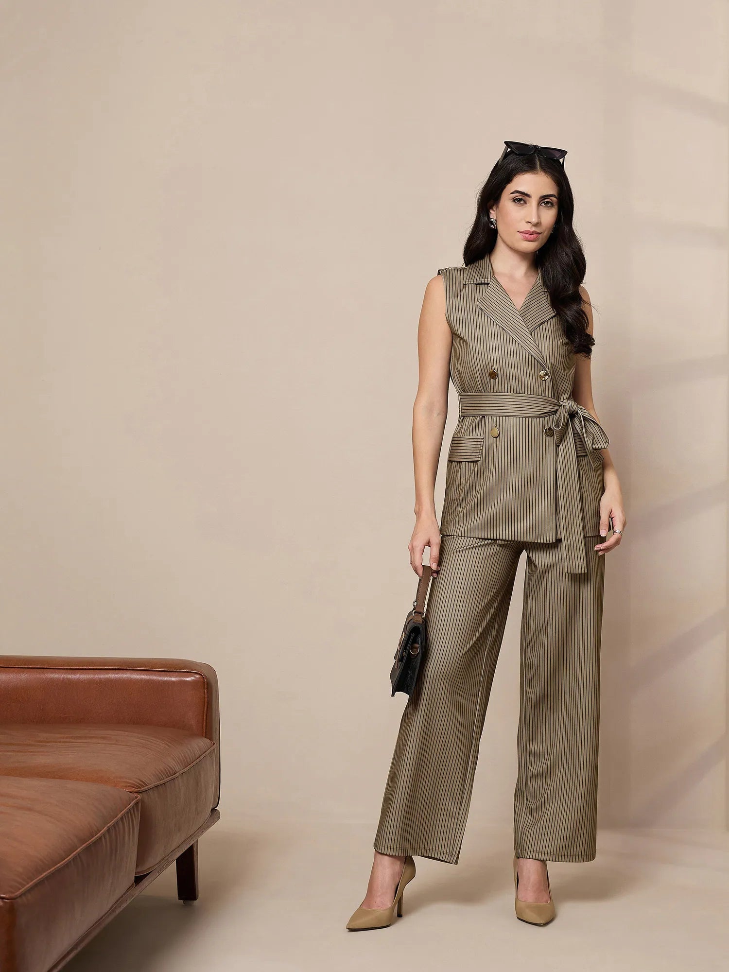 Striped Sleeveless Blazer & Pants Set - Two Piece Sets for Women