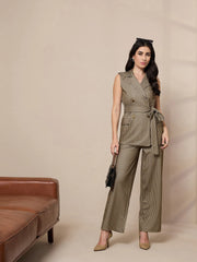 Women Beige Striped Sleeveless Front Tie-Up Blazer With Straight Pants-SFJCKT6943_SFPANT50904