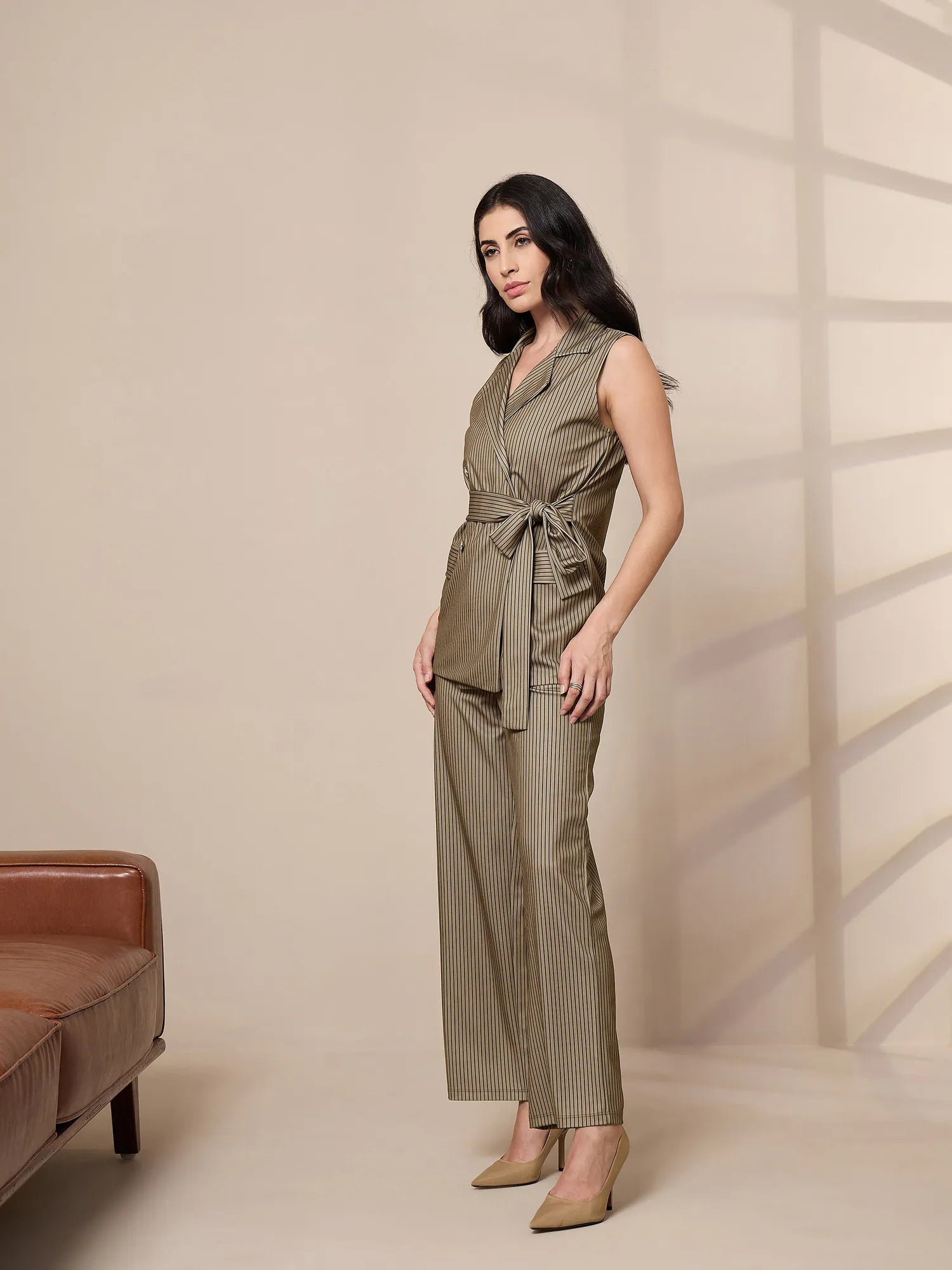 Striped Sleeveless Blazer & Pants Set - Two Piece Sets for Women