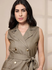 Women Beige Striped Sleeveless Front Tie-Up Blazer With Straight Pants-SFJCKT6943_SFPANT50904