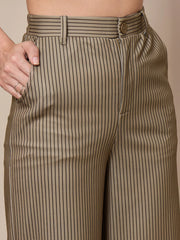 Women Beige Striped Sleeveless Front Tie-Up Blazer With Straight Pants-SFJCKT6943_SFPANT50904