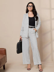 Women White Striped Front Button Blazer With Straight Pants-SFJCKT6944_SFPANT50905