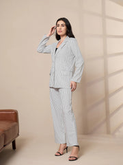 Women White Striped Front Button Blazer With Straight Pants-SFJCKT6944_SFPANT50905
