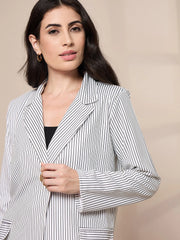 Women White Striped Front Button Blazer With Straight Pants-SFJCKT6944_SFPANT50905