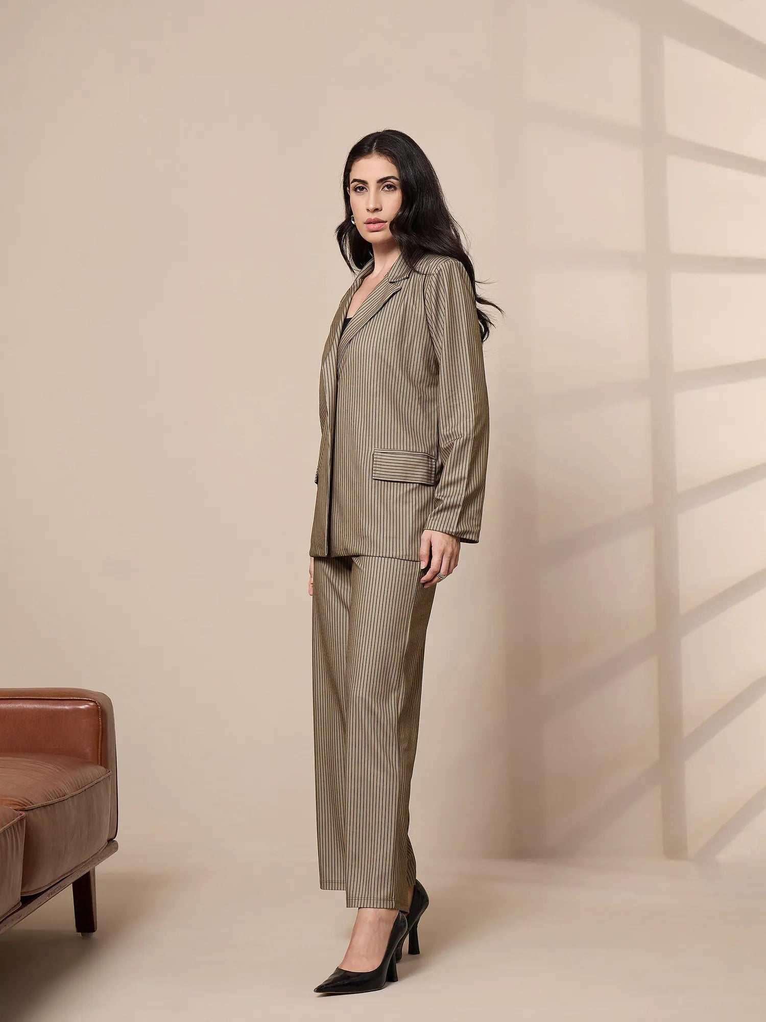 Striped Women's Co-ord Set - Beige Blazer & Pants Outfit