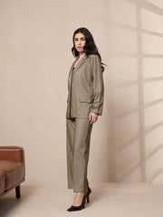 Women Beige Striped Front Button Blazer With Straight Pants-SFJCKT6945_SFPANT50904