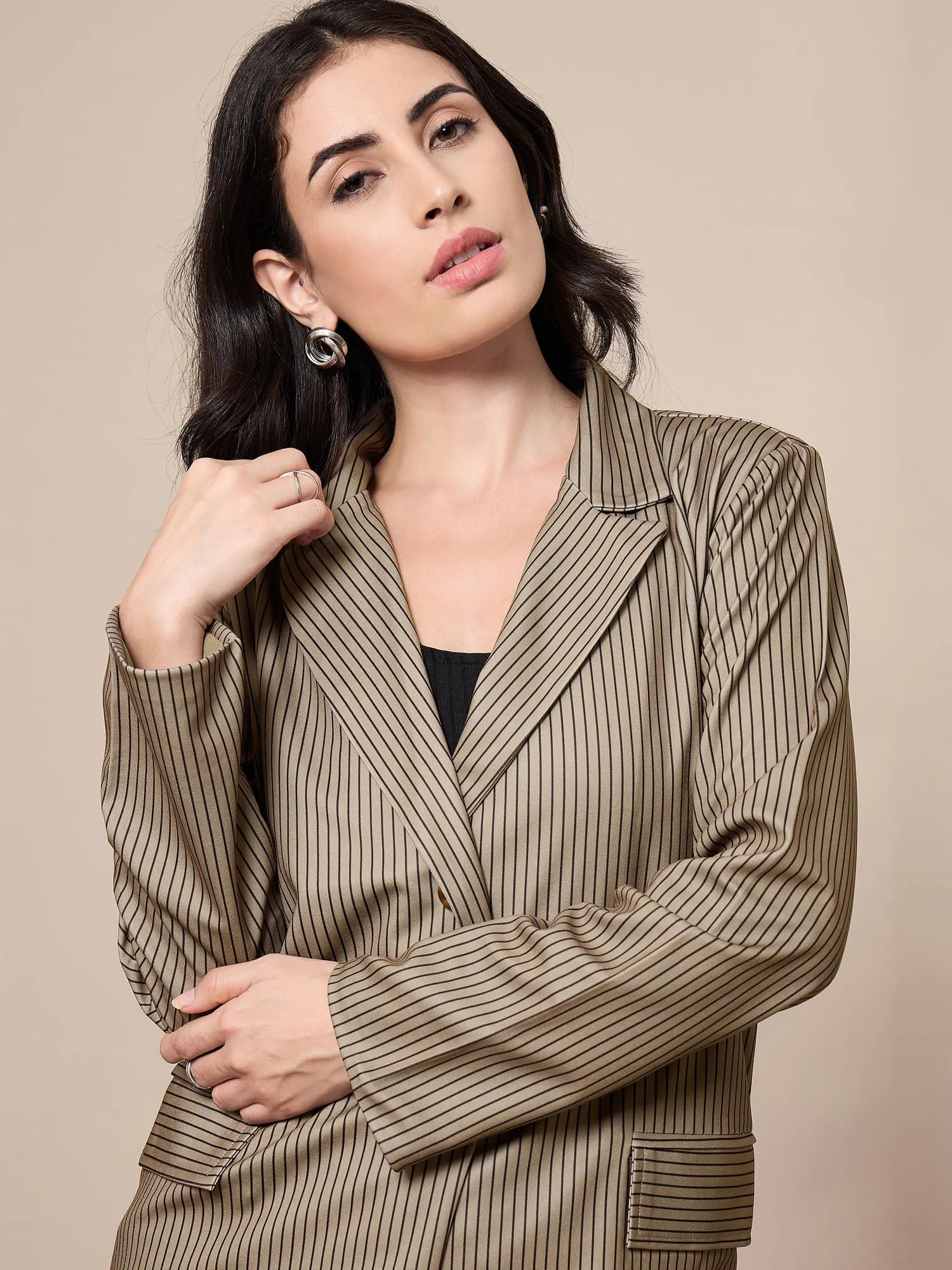 Striped Women's Co-ord Set - Beige Blazer & Pants Outfit