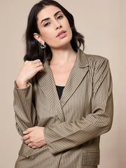 Women Beige Striped Front Button Blazer With Straight Pants-SFJCKT6945_SFPANT50904