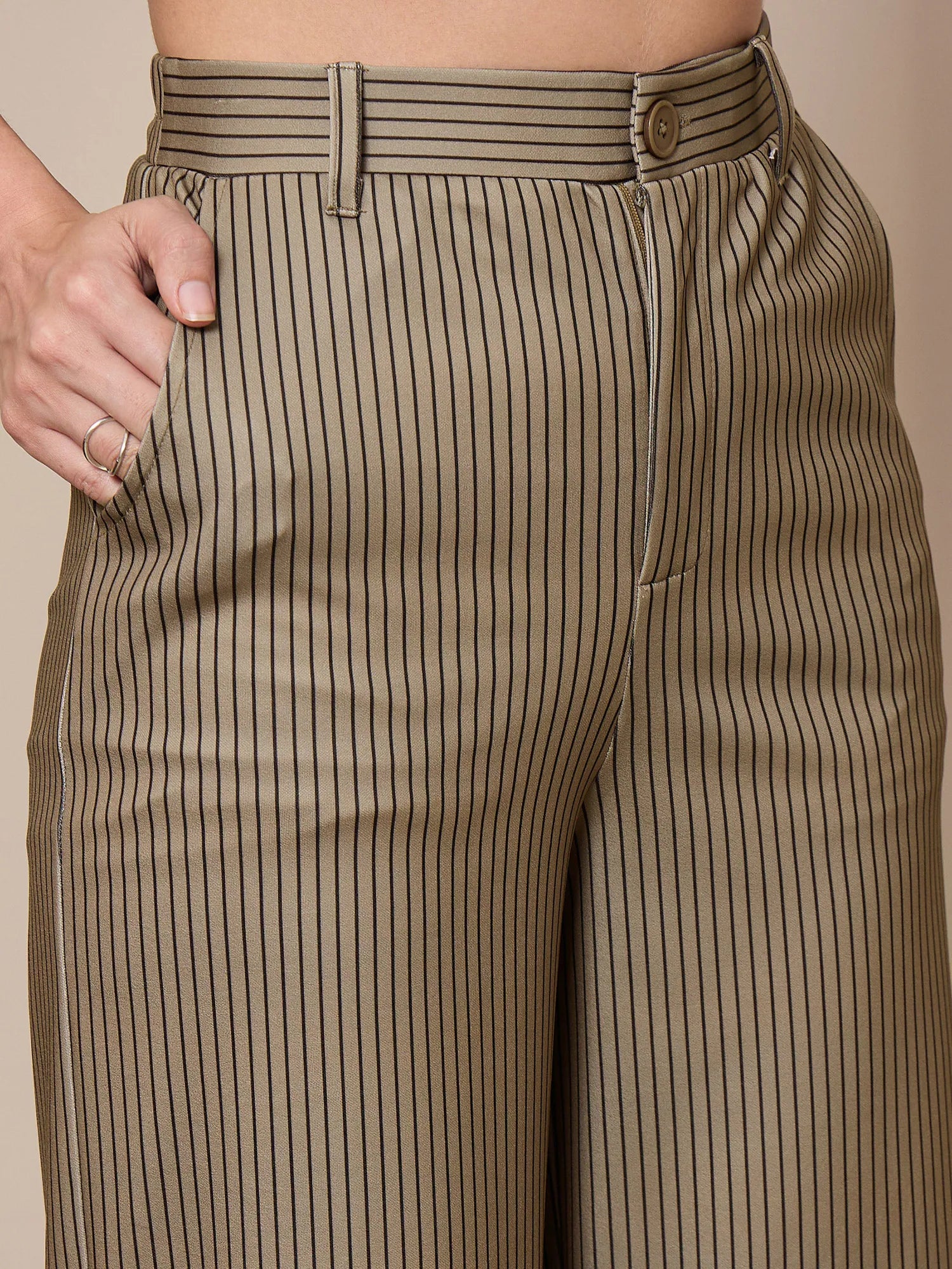 Striped Women's Co-ord Set - Beige Blazer & Pants Outfit
