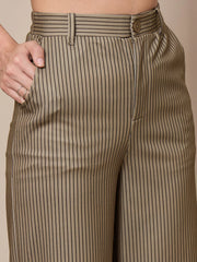 Women Beige Striped Front Button Blazer With Straight Pants-SFJCKT6945_SFPANT50904
