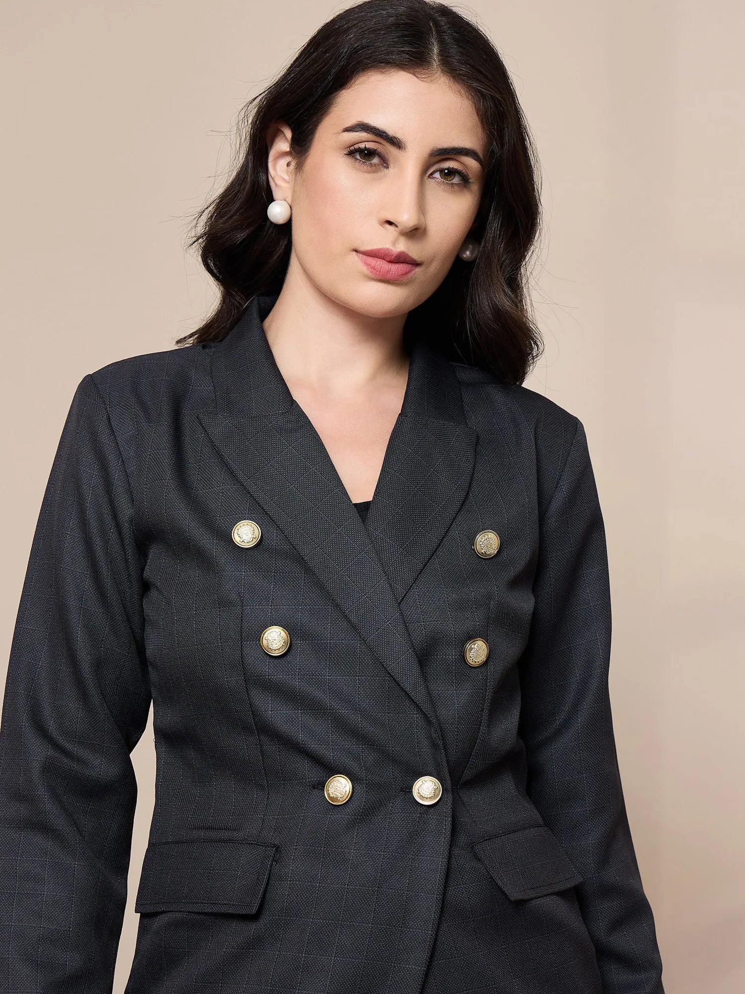 Women's Check Blazer - Grey Double-Breasted Western Wear