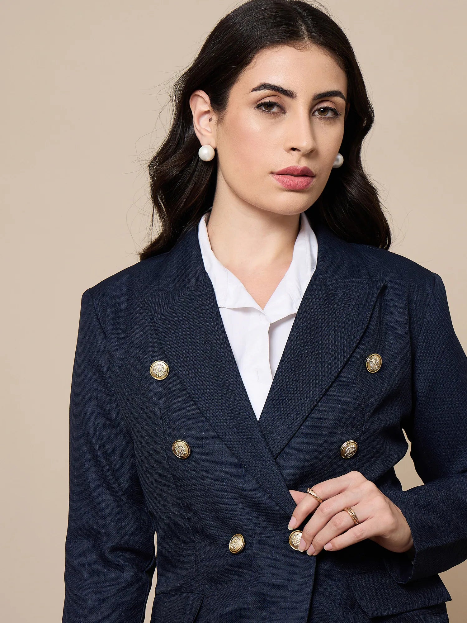 Women's Check Blazer | Navy Double-Breasted Western Wear