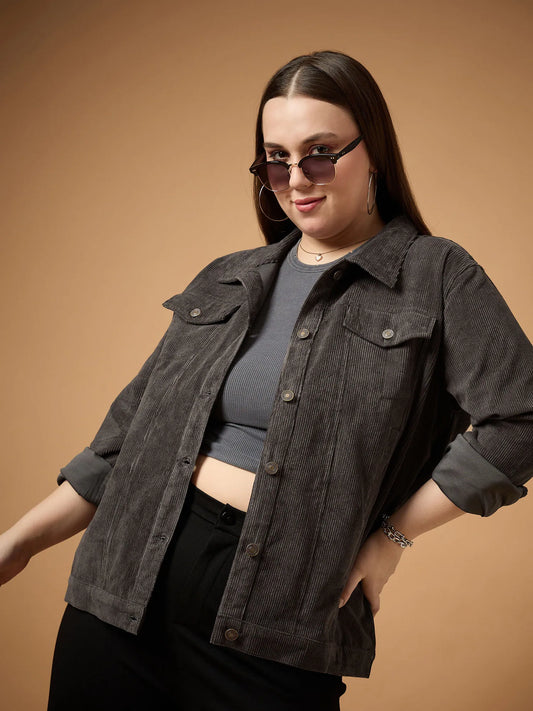 Women Dark Grey Corduroy Front Button Jacket-SFJCKT6955 1500