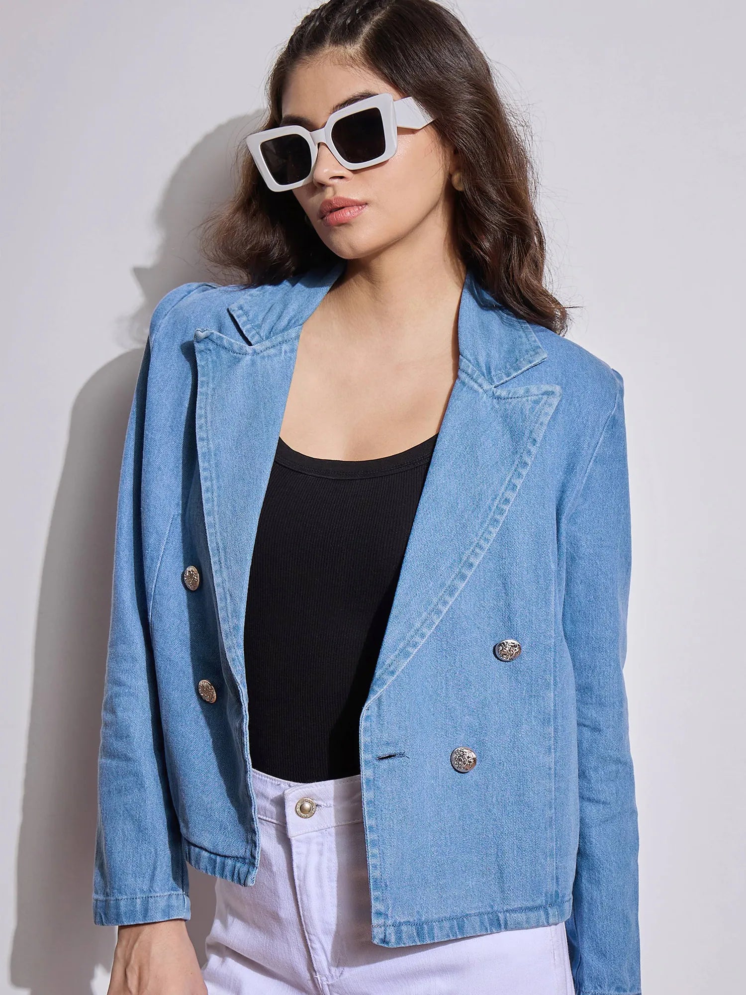 Denim Crop Blazer - Women's Western Clothing | Stylish Outfit