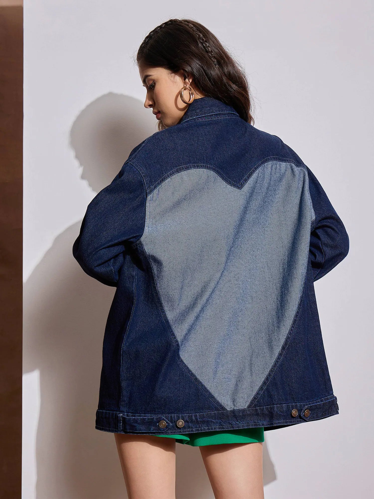 Navy Denim Heart Patch Shacket - Women's Fashion Jackets