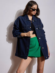 Women Navy Blue Denim Back Heart Patch Shacket-SFJCKT6961