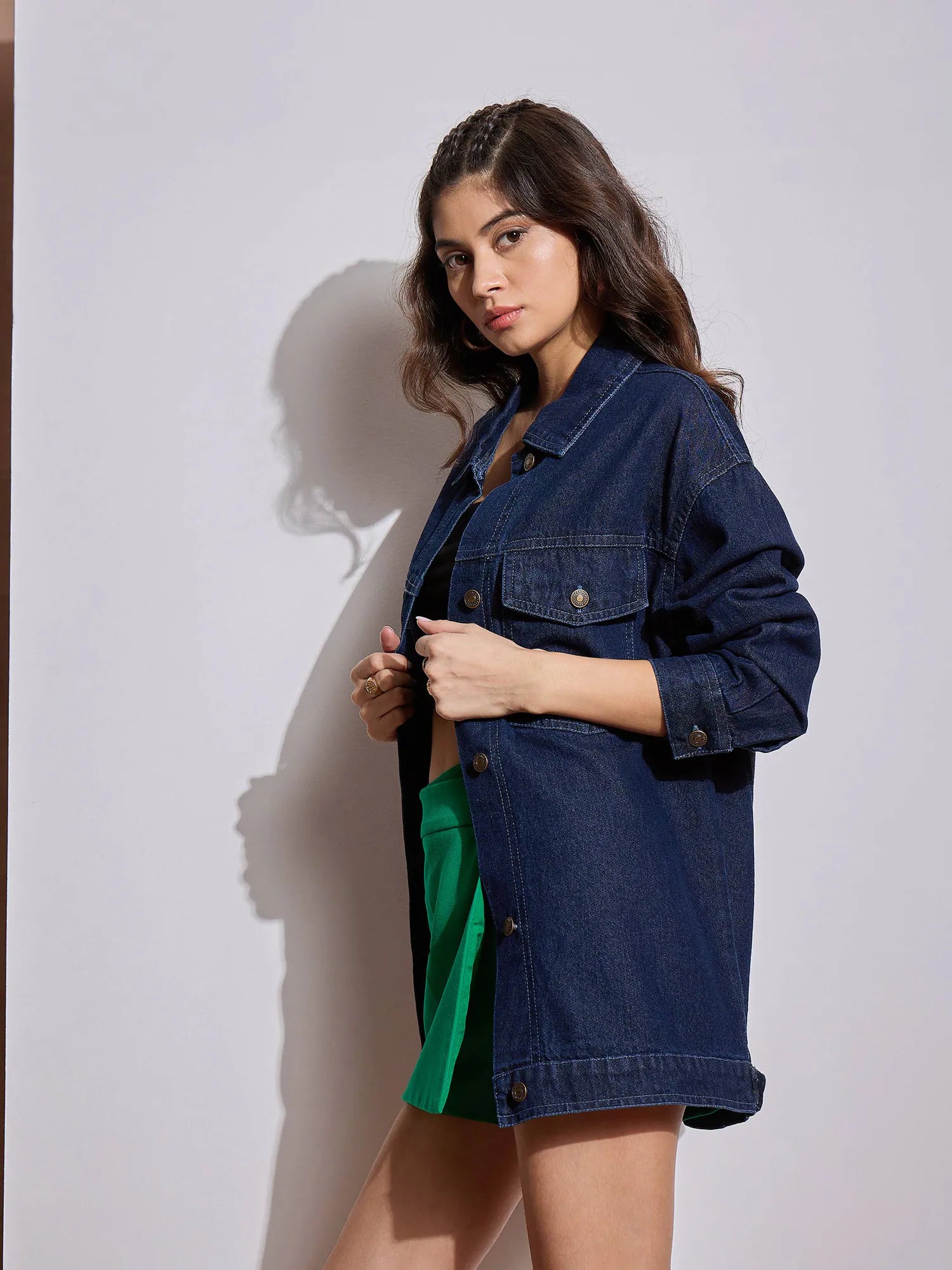 Navy Denim Heart Patch Shacket - Women's Fashion Jackets