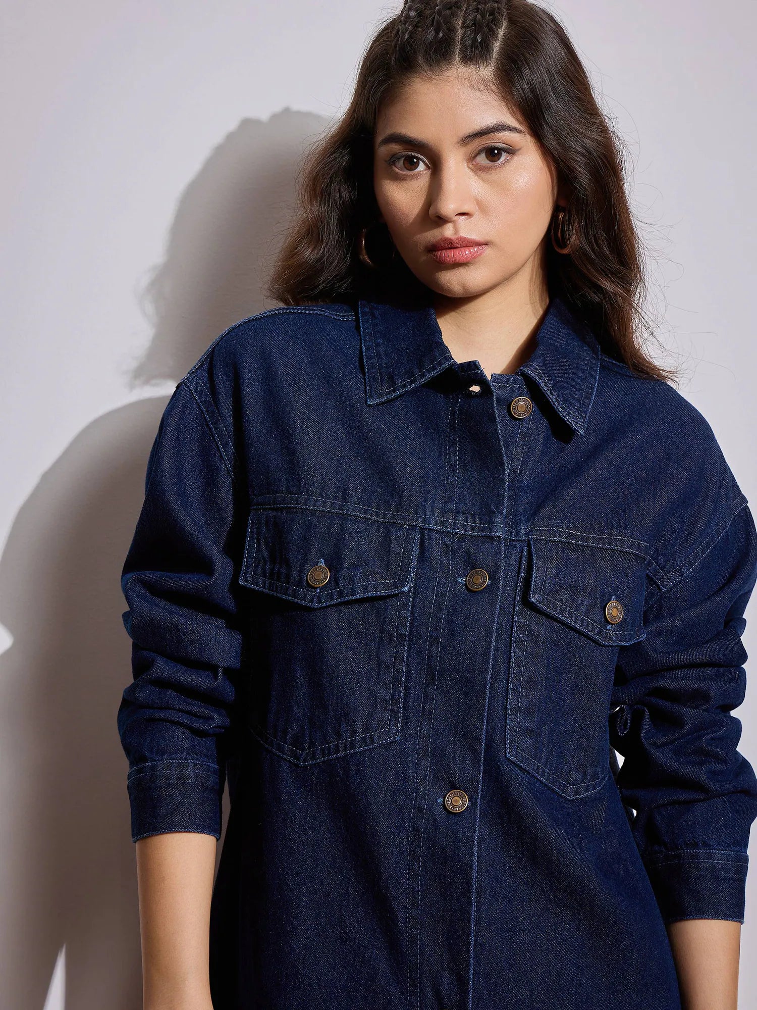 Navy Denim Heart Patch Shacket - Women's Fashion Jackets