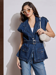 Women Blue Washed Pocket Detail Sleeveless Belted Jacket-SFJCKT6963