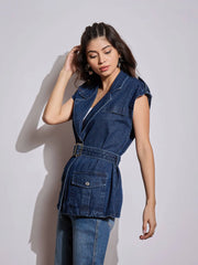 Women Blue Washed Pocket Detail Sleeveless Belted Jacket-SFJCKT6963