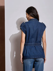 Women Blue Washed Pocket Detail Sleeveless Belted Jacket-SFJCKT6963