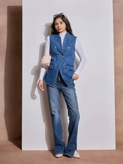 Women Blue Denim Flap Pocket Sleeveless Jacket-SFJCKT6967