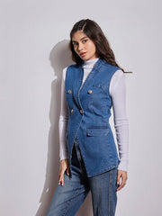 Women Blue Denim Flap Pocket Sleeveless Jacket-SFJCKT6967