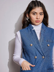 Women Blue Denim Flap Pocket Sleeveless Jacket-SFJCKT6967