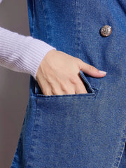 Women Blue Denim Flap Pocket Sleeveless Jacket-SFJCKT6967