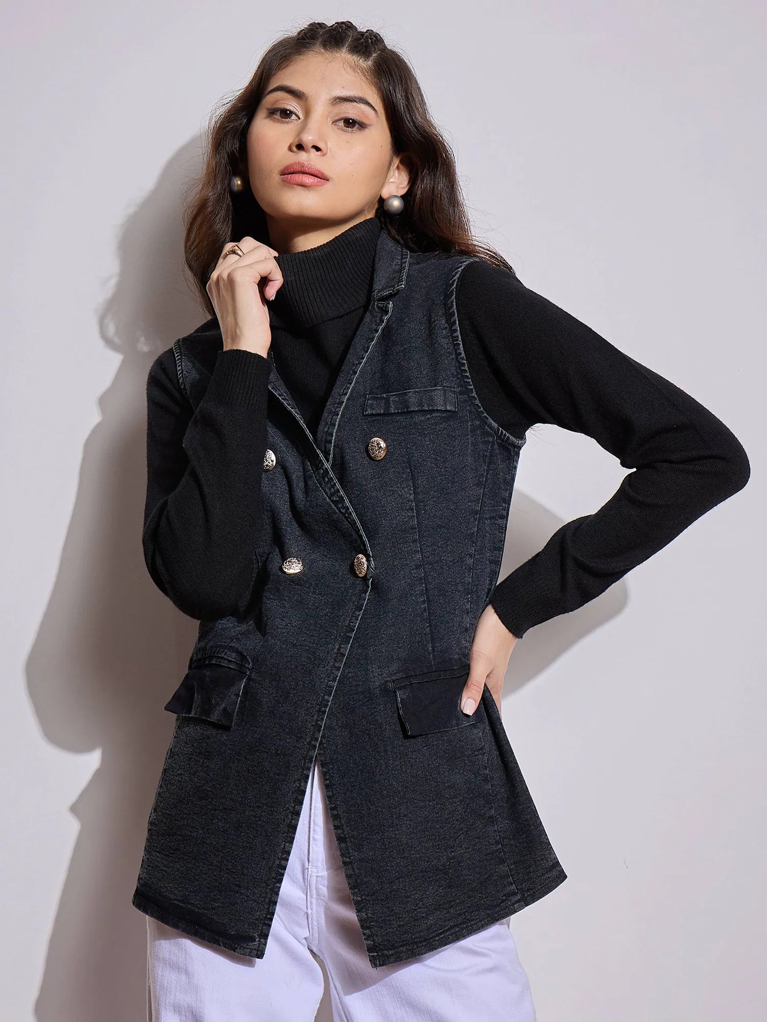 Black Denim Sleeveless Jacket | Women's Outerwear and Jackets