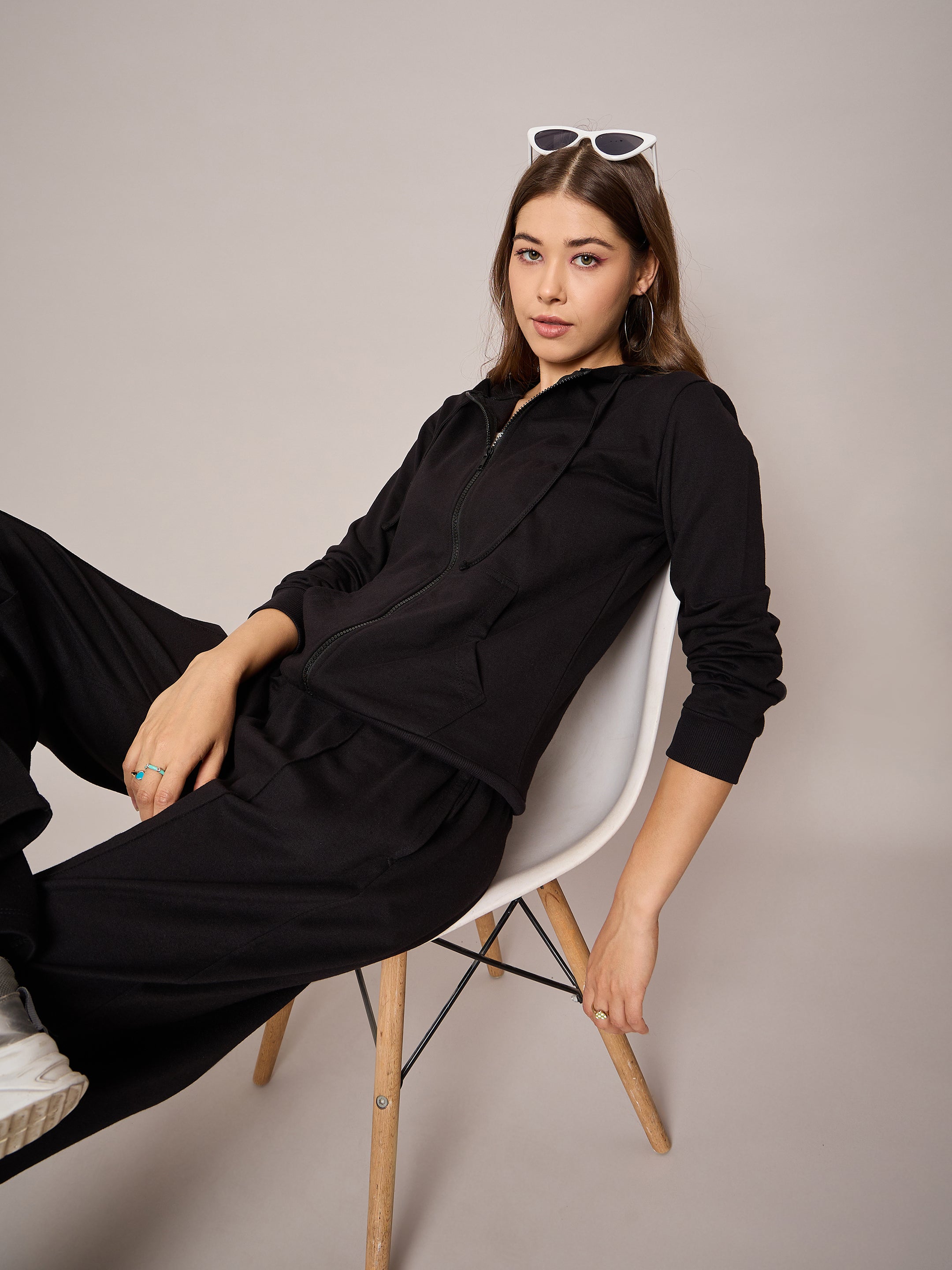 Women Black Terry Hoodie Jacket With Track Pants-SFJCKT6971_SFPANT50995