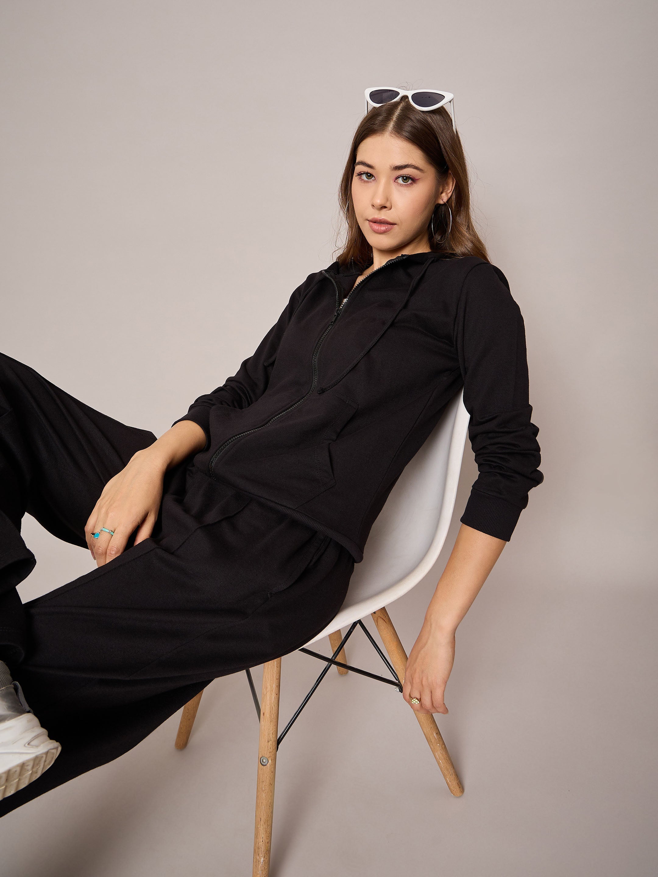 Women Black Terry Hoodie Jacket With Track Pants-SFJCKT6971_SFPANT50995