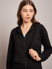Women Black Terry Hoodie Jacket With Track Pants-SFJCKT6971_SFPANT50995
