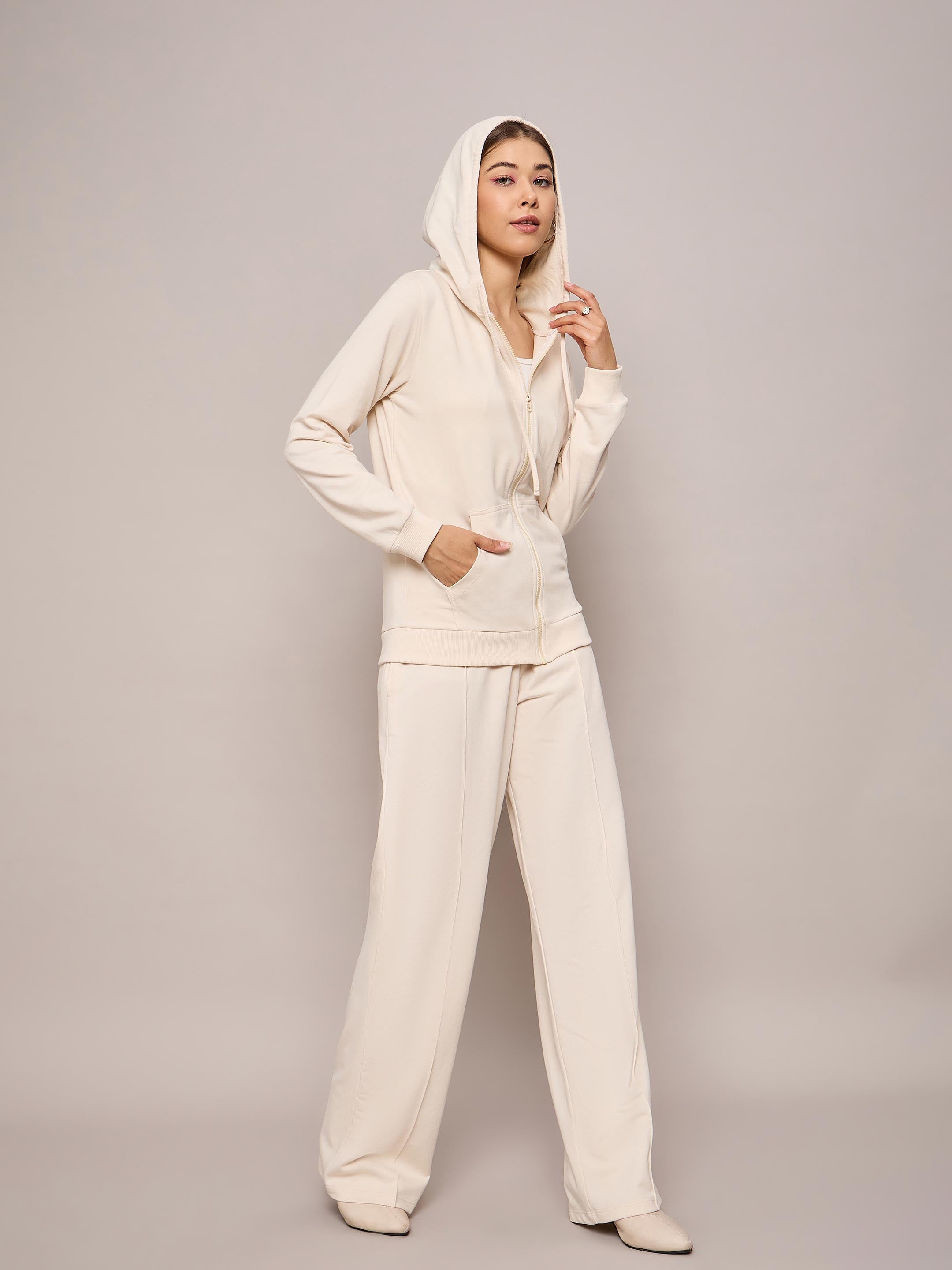 Women Off White Terry Hoodie Jacket With Track Pants-SFJCKT6972_SFPANT50996