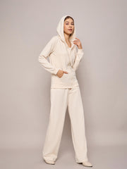 Women Off White Terry Hoodie Jacket With Track Pants-SFJCKT6972_SFPANT50996