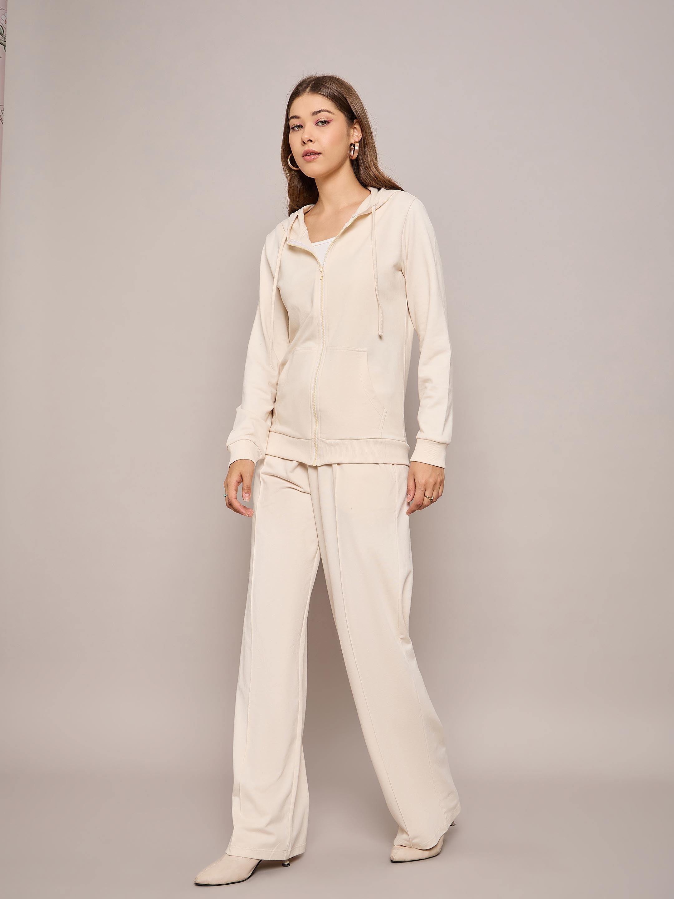 Women Off White Terry Hoodie Jacket With Track Pants-SFJCKT6972_SFPANT50996