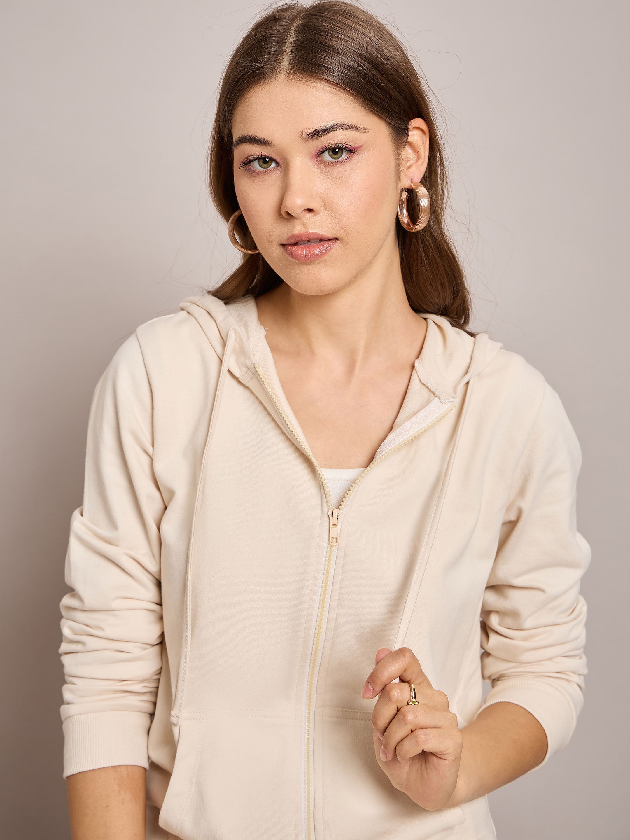 Women Off White Terry Hoodie Jacket With Track Pants-SFJCKT6972_SFPANT50996